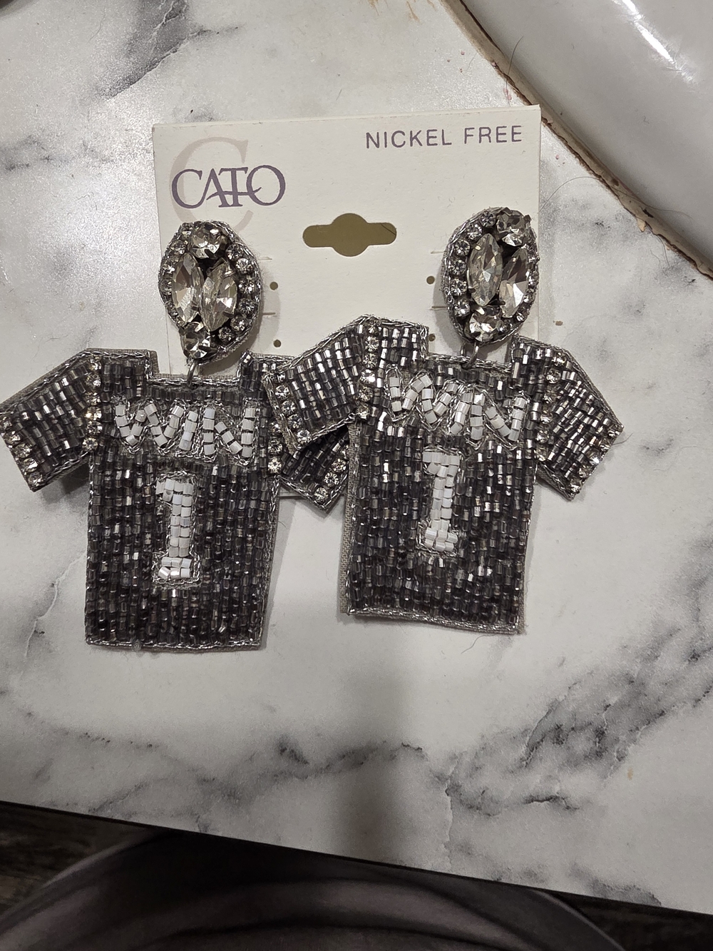 NWOT-Cato Beaded Jersey Number 1 Statement Earrings - Silver Crystal
